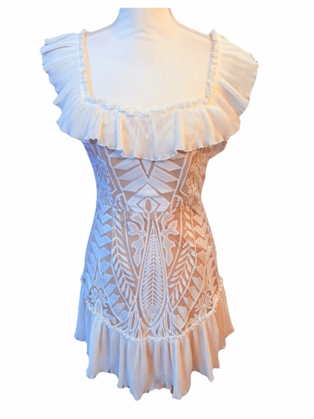 Saints + Secrets Dress White Lace Ruffle Mini Special Event Sexy Vegas Med NWT